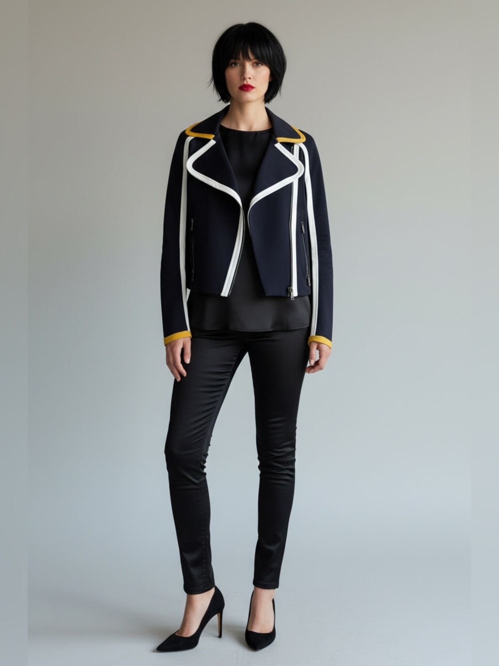 Fendi NWT Moto Jacket with White Piping and Yellow Trim - Picture 9 of 12